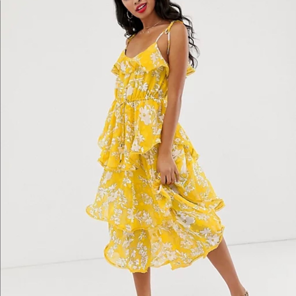 Asos Design Dark Pink tiered frill midi dress in yellow floral